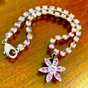 Avon Stamped Pink Crystal Flower Charm Bracelet